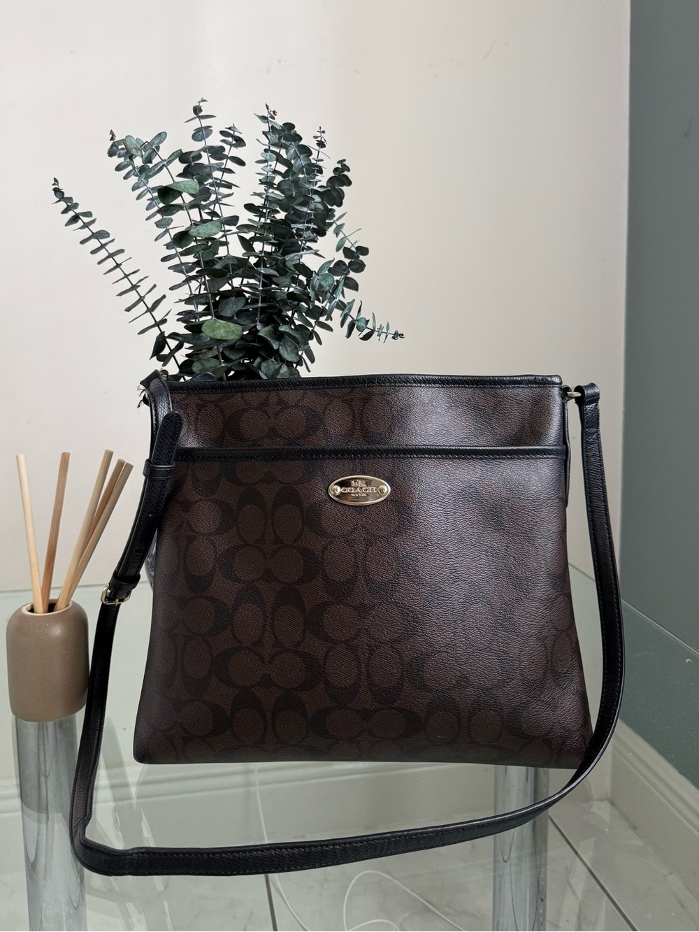 Coach Brown and Black Signature Crossbody Bag with Gold Plaque